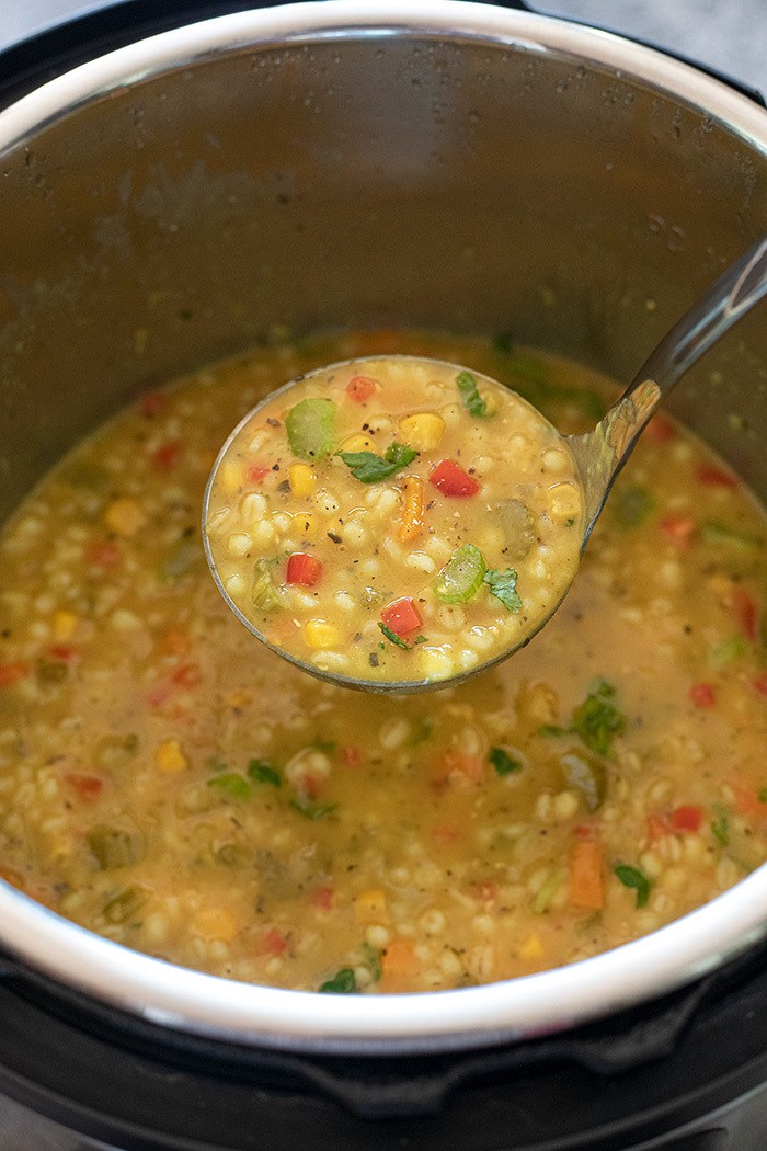 Barley Lentil soup in a ladle