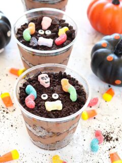 Chocolate Brownie Halloween Dirt Cups with creepy crawlers