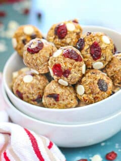 Cranberry White Chocolate Almond Butter Bites in a white bowl