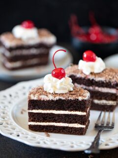 Eggless Black forest pastry on a plate