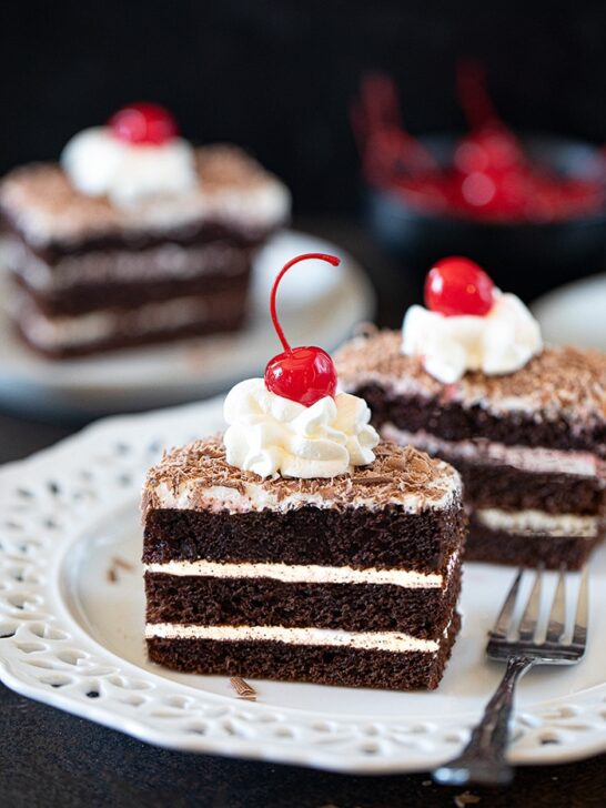 Eggless Black forest pastry on a plate
