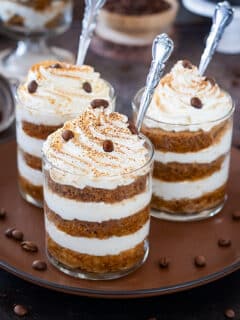 Eggless Tiramisu Trifle Cups on a brown plate