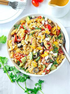 Healthy Pasta Salad in a bowl with feta cheese