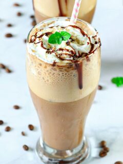 Iced tiramisu latte with mint leaves