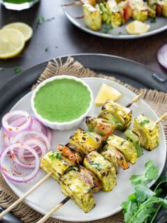 Pahadi Paneer Tikka on a plate served with chutney