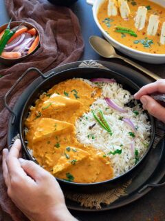 Paneer Pasanda with rice and chilies