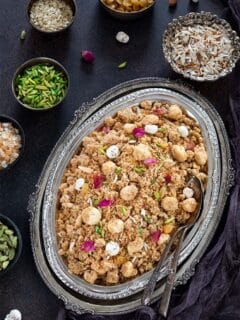 Panjiri in a tray garnished with nuts