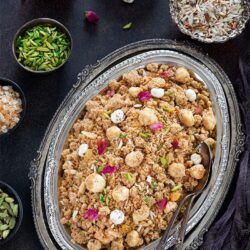 Panjiri in a tray garnished with nuts