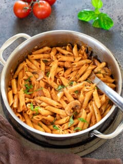 Cooked Penne Rosa pasta in a pan
