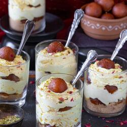 Thandai Mousse Gulab Jamun Cups with spoons