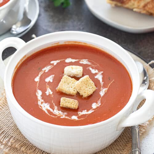 Shorba - Spiced Indian Tomato soup garnished with croutons