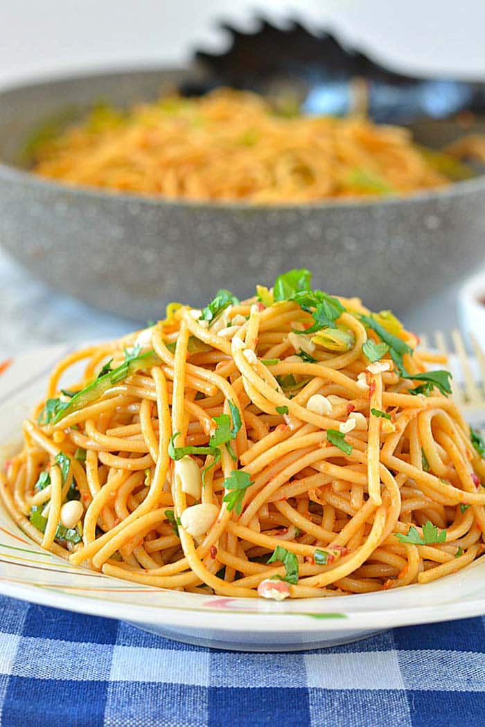 Spicy peanut noodles on a plate